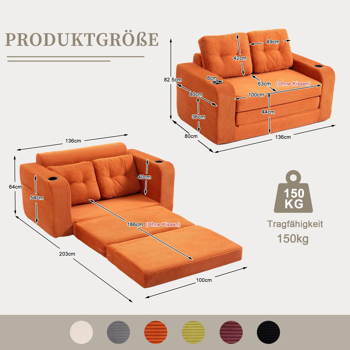 SCHLAFSOFA 2-Sitzer Sofa mit 2 Zierkissen,Lounge Sofa,Polstersofa,Cord,Orange - Orange, Textil (136/82.5/80cm) - LVHOM