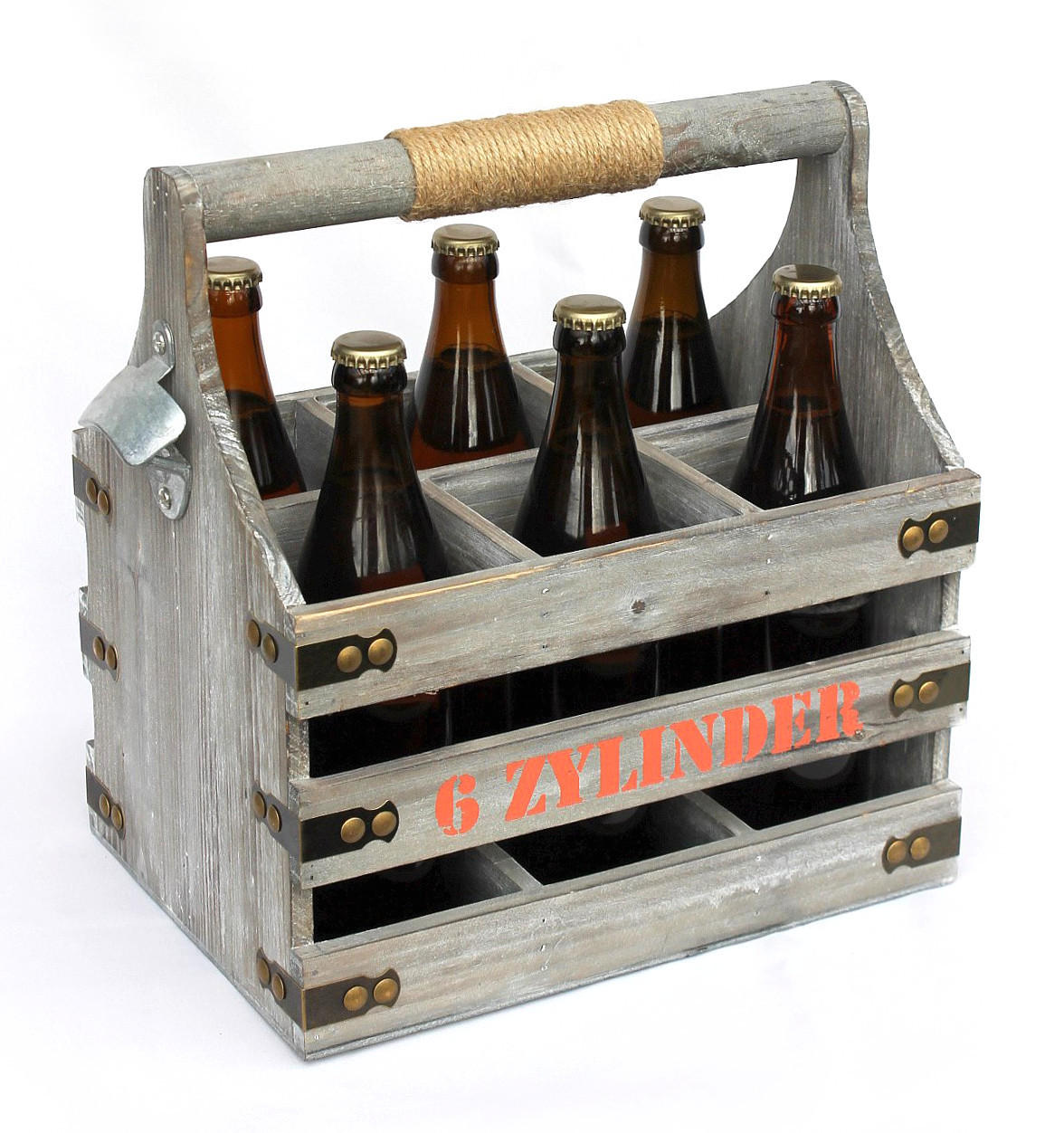 BIERTRÄGER mit Flaschenöffner 6 Zylinder Bierkiste aus Holz 32cm - Grau, Holz (31/32/21cm) - DanDiBo