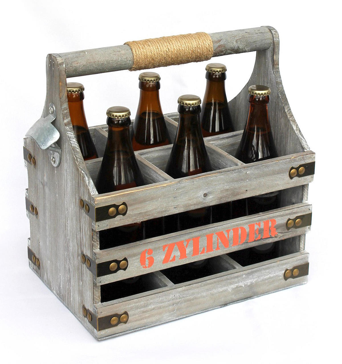 BIERTRÄGER mit Flaschenöffner Flaschenträger 6 Zylinder Bierkiste aus Holz 32cm - Grau, Holz (31/32/21cm) - DanDiBo