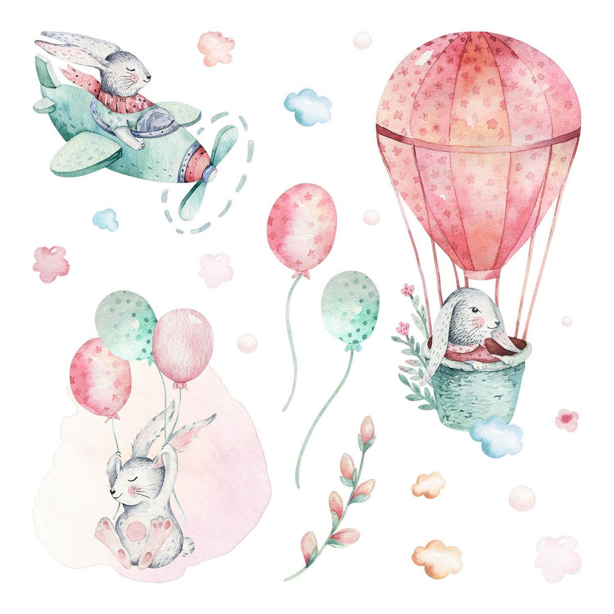 WANDAUFKLEBER 80x94cm - Hasen am Himmel - Multicolor, Kunststoff (80/94/0.1cm) - Wallfluent