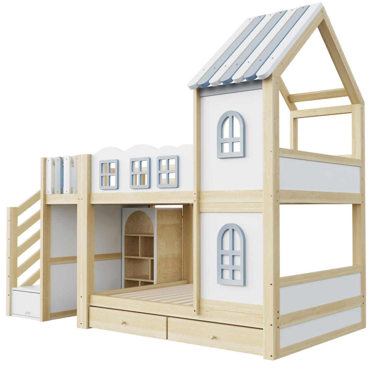 ETAGENBETT 90x200cm Holz Kinderbett Wolkendesign Stauraum Weiß - Weiß, Holz (90/200cm) - FLIEKS