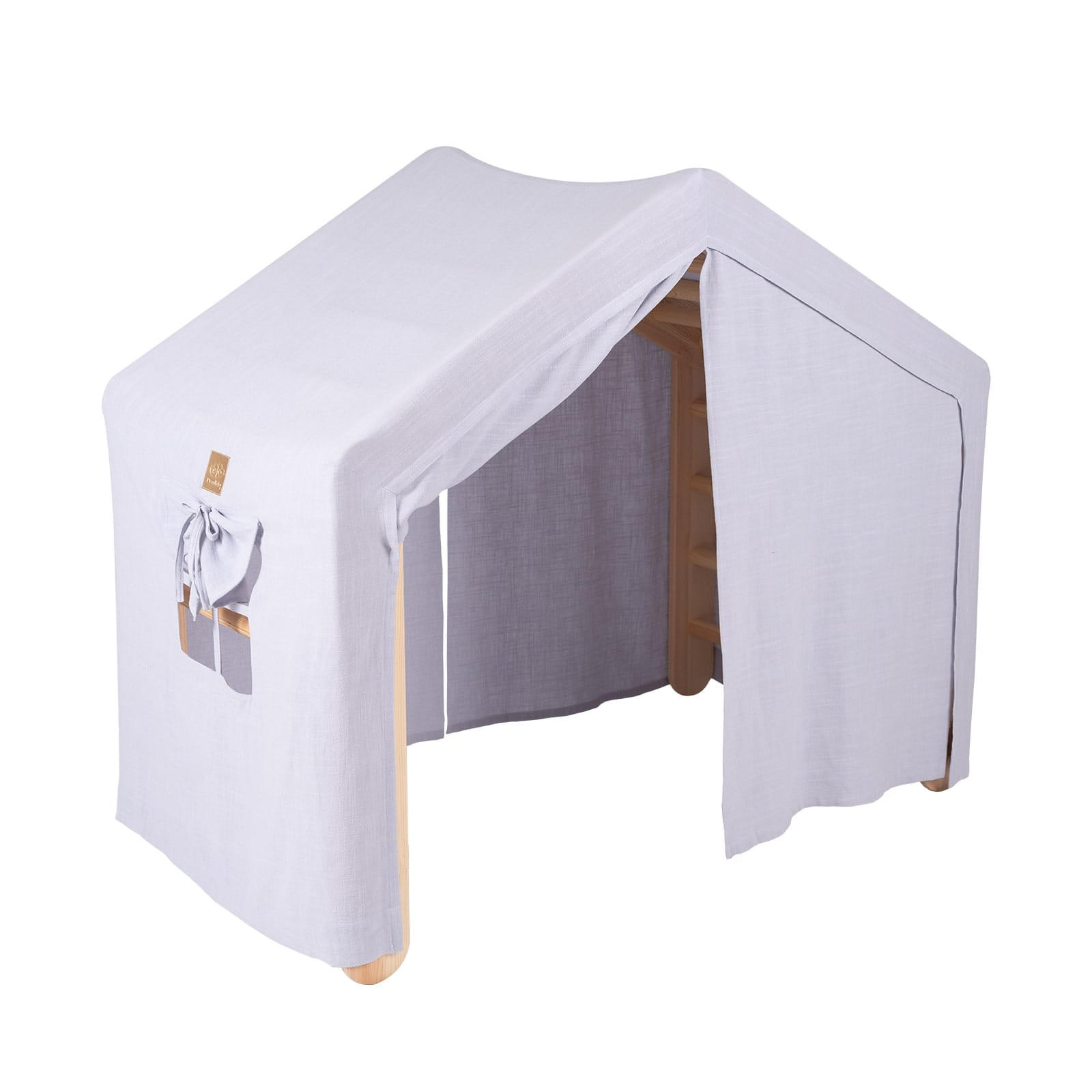 KLETTERDREIECK Großes Haus für Kinder mit Grau-Blauem Dach, Zarter Stoff, Montessori, Natur - Blaugrau/Naturfarben, Holz (112/94/61cm) - MeowBaby
