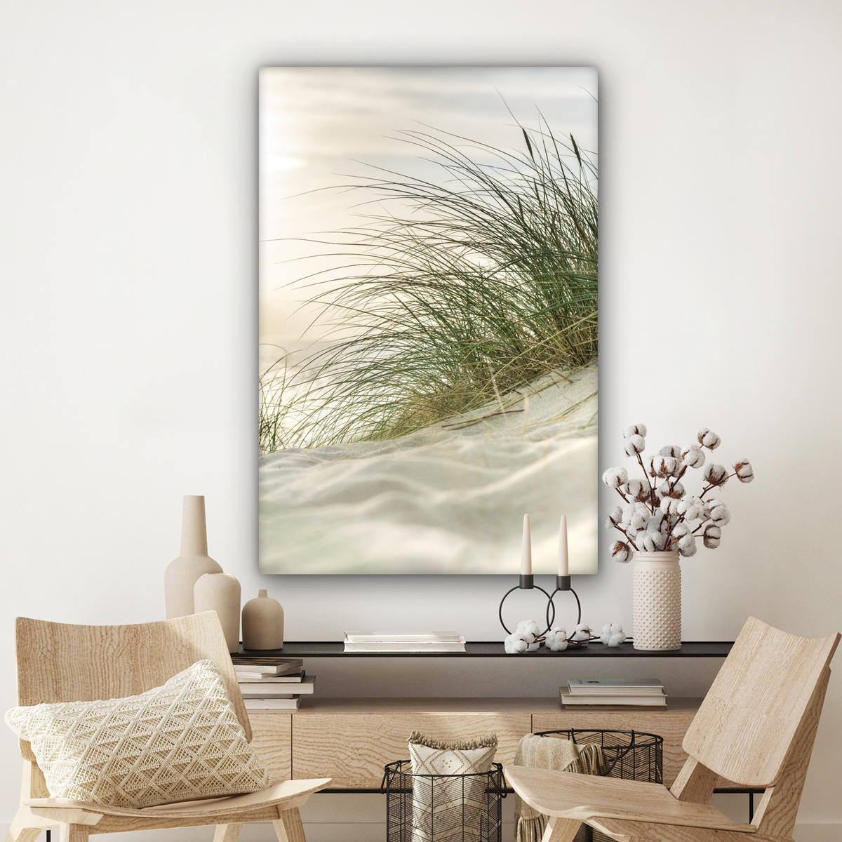 LEINWANDBILD Dünen mit Strandhafer in der Sonne des Nationalparks Schleswig-Holsteinisches Wattenmeer Deko Groß 90x140 cm - Creme, Textil (90/140cm) - MuchoWow