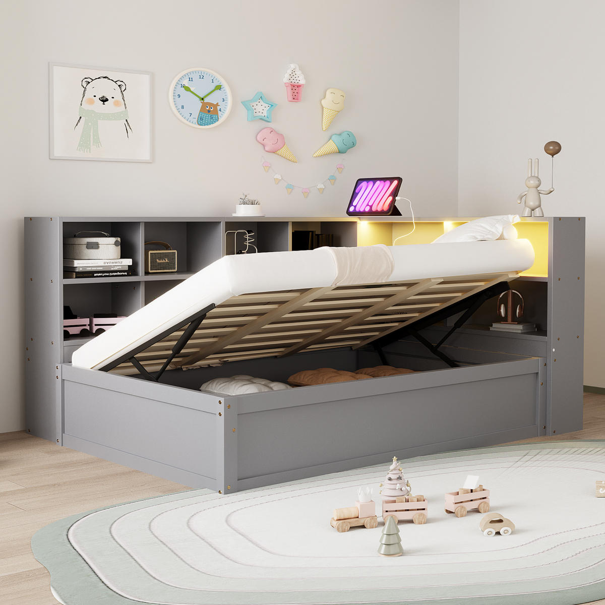 STAURAUMBETT 90/200 cm DE-01383, in Grau, mit LED, Steckdose und Hydraulik - Grau, Holz (90/190cm) - ComfortXL