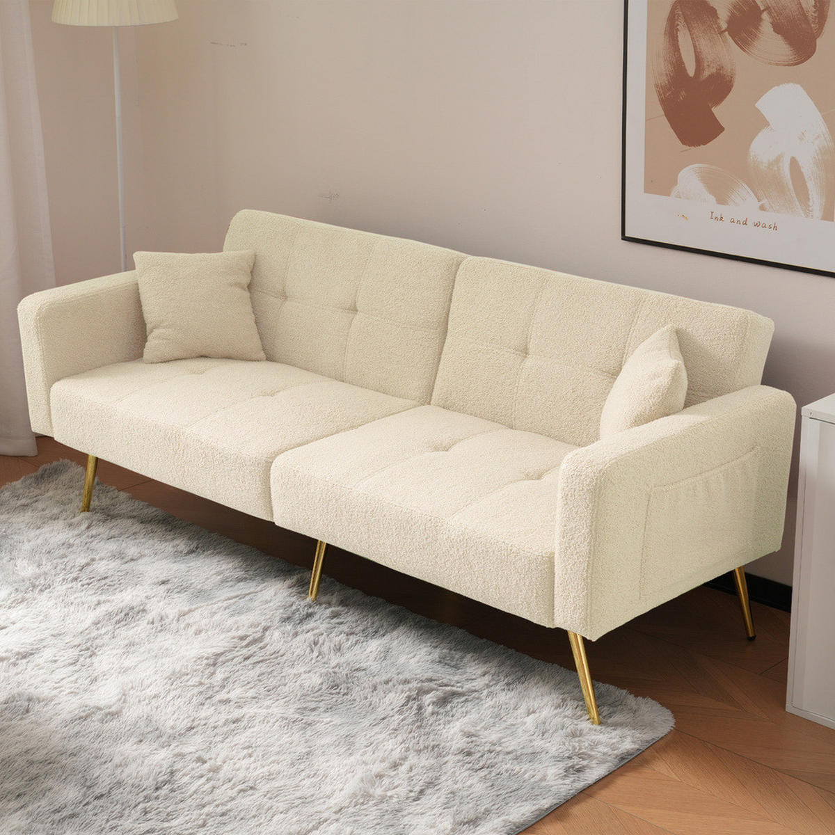 SOFA Schlaffunktion Verstellbar Goldene Beine Aufbewahrungstaschen Kissen - Beige, Holz (90.93/18.42/80.26cm) - FLIEKS