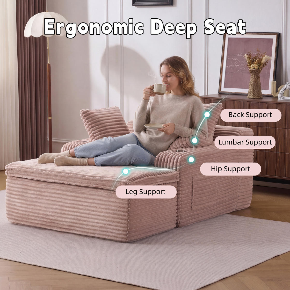 SOFA mit Chaiselongue Pink Cord - Pink, Kunststoff (112/63/165cm) - Meubliv