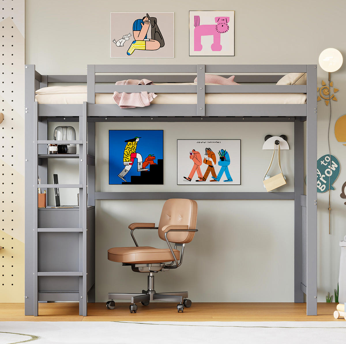 HOCHBETT aus Kiefernholz 90x200 cm Grau mit Sicherheitsleiter, 6 Schubladen und Regalen - Grau, Holzwerkstoff (140/190cm) - Modfu