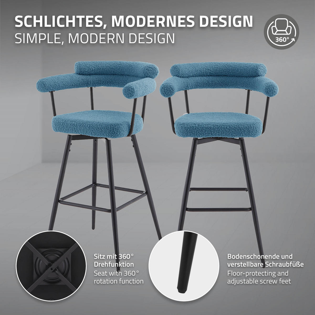 BARHOCKER 4ks sada otočná modrá s plyšovou látkou, výška 76 cm - modrá/černá, kov/textil (61/103/55cm) - ML-DESIGN