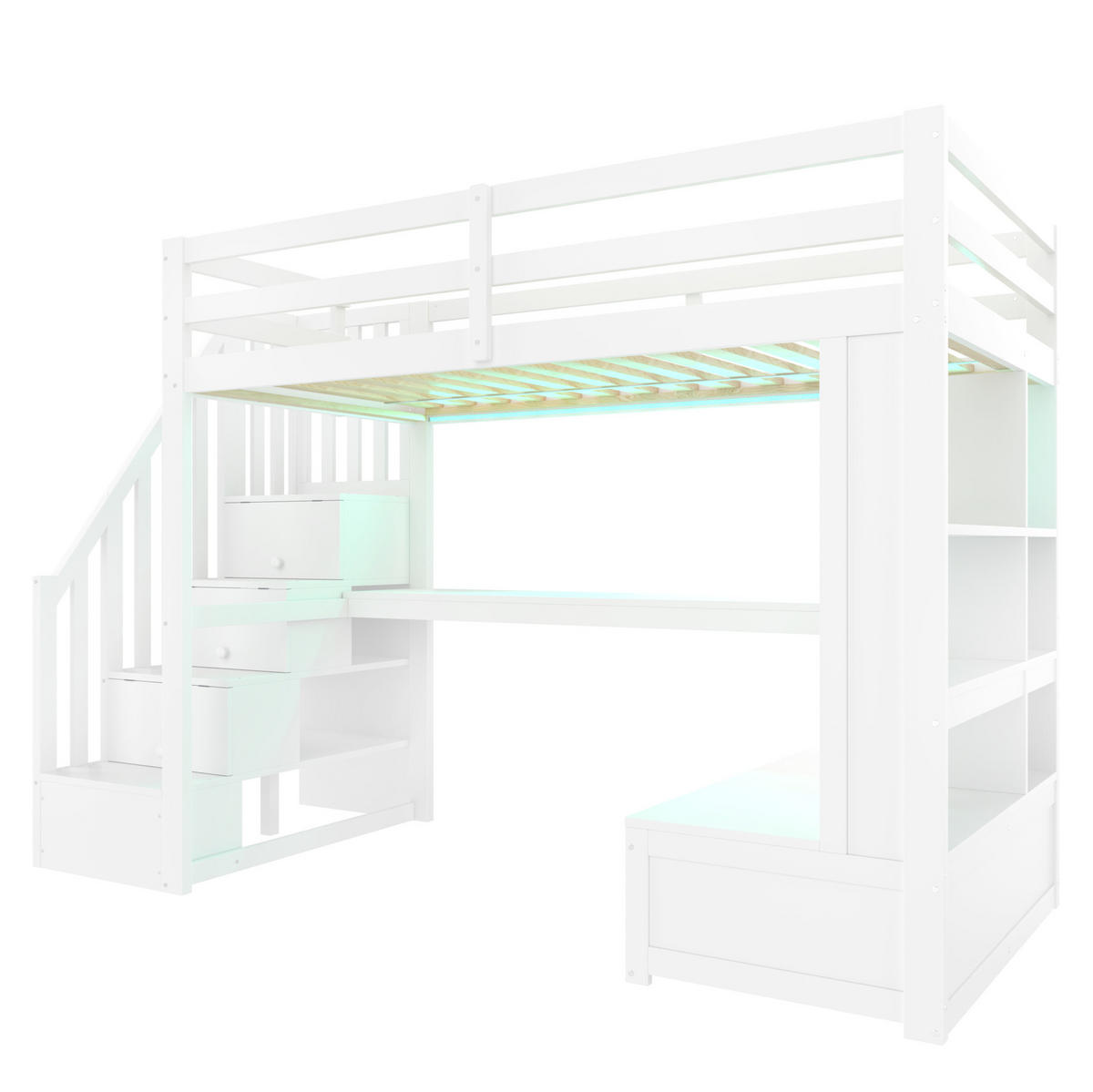 HOCHBETT aus Kiefer und MDF 90x200 cm Weiß mit Schreibtisch, Regalen, 2 Schubladen, Stauraumtreppe und LED-Beleuchtung - Weiß, Holzwerkstoff (90/200cm) - Modfu