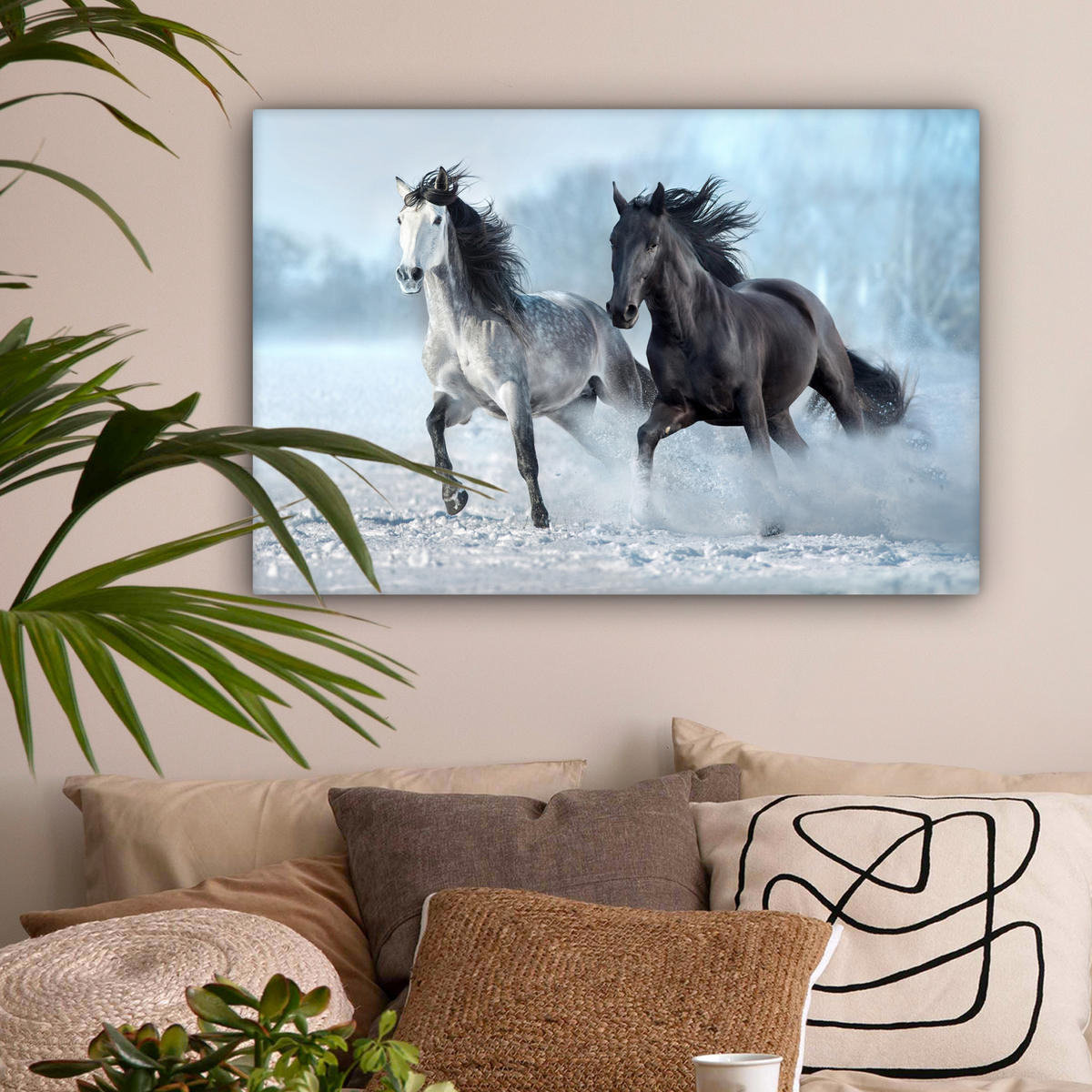 LEINWANDBILD Pferde - Winter - Tiere - Natur - Schnee Wanddeko 90x60 cm - Anthrazit, Textil (90/60cm) - MuchoWow