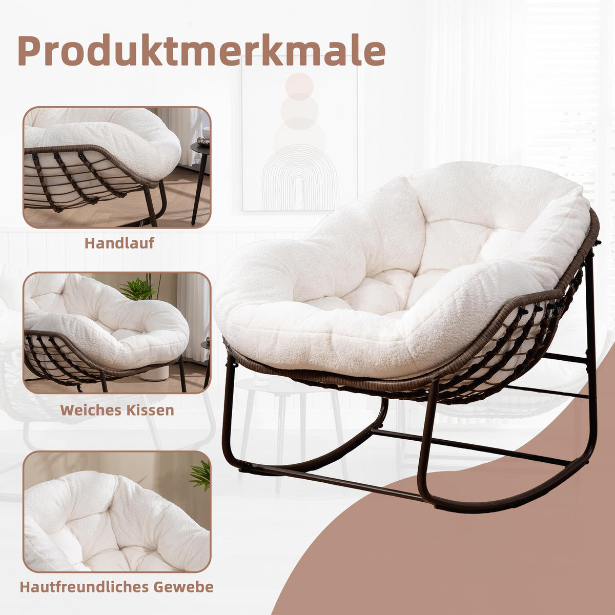 SCHAUKELSTUHL Schaukelsessel Garten,Rattanstuhl mit Stahlrahmen,Weiß-Fleece - Weiß, Metall (94.5/80/111cm) - LVHOM