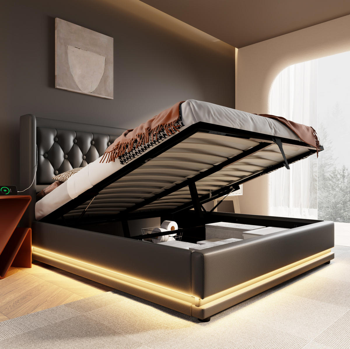POLSTERBETT mit Bettkasten 180x200 cm PU Schwarz mit USB, Typ-C und LED - Schwarz, Metall (180/200cm) - Meubliv