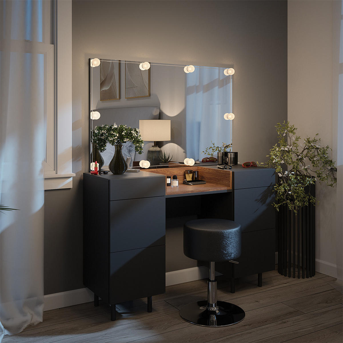 SCHMINKTISCH Anika Anthrazit 120 cm mit LED Beleuchtung und Hocker - Anthrazit/Walnussfarben, Holzwerkstoff (120/80/40cm) - Vicco