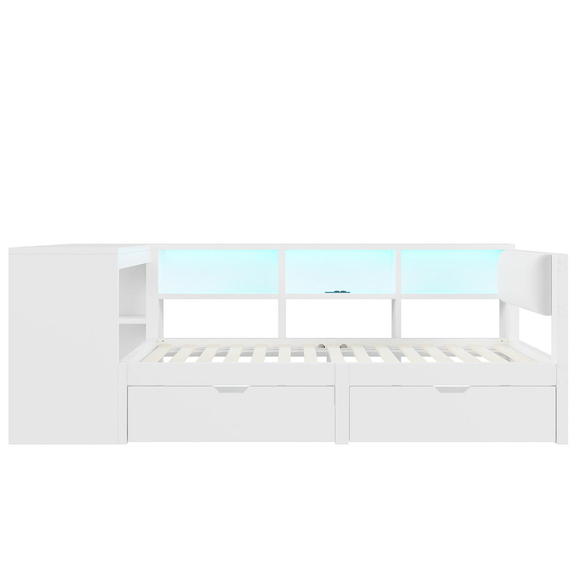 MULTIFUNKTIONSBETT 90/200 cm Weiß mit LED-Beleuchtung Ladestation Stauraum und gepolstertem Kopfteil - Weiß, Holzwerkstoff (90/200cm) - OKWISH