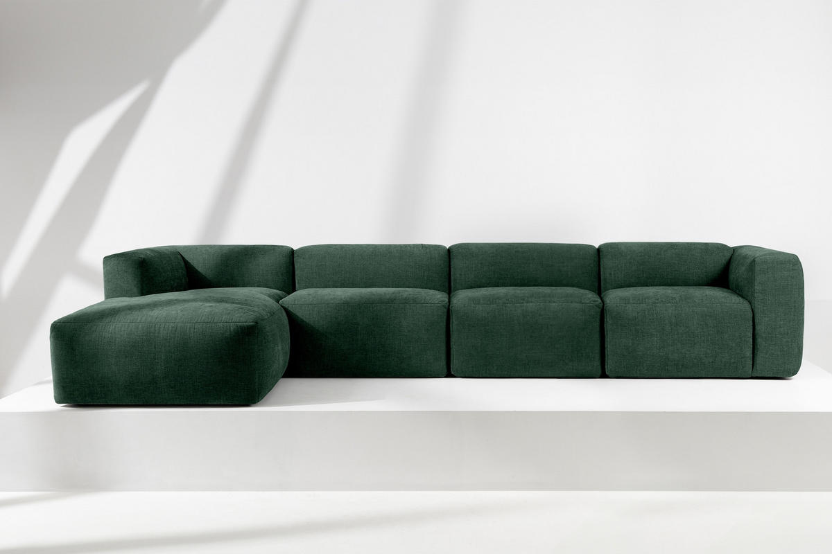 ECKMODULSOFA-LINKS BUFFO 6-Sitzer mit extrem weicher Sitzfläche, Gewebestoff, marine - Blau/Grün, Textil (377/180cm) - KONSIMO®