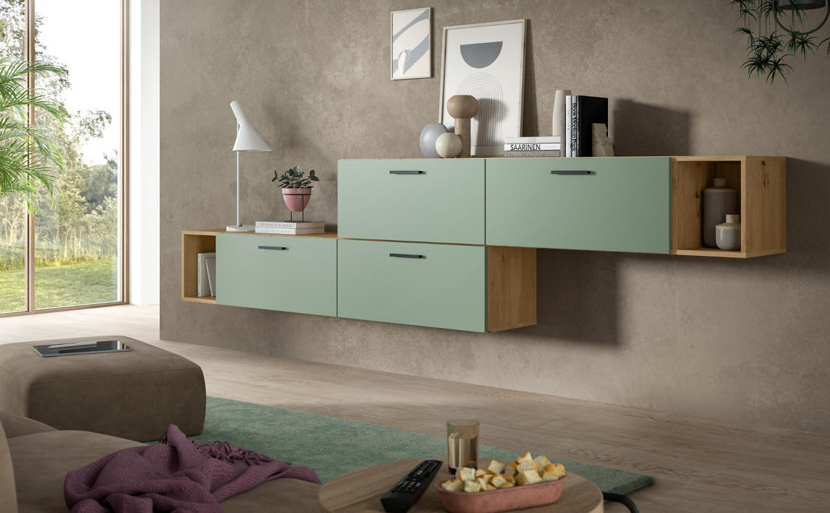 SIDEBOARD grün, Eiche Artisan 277 cm, Kommode mit Soft-Close - Schwarz/Eiche Artisan, Holzwerkstoff/Kunststoff (277/65/34cm) - Inn.Furn