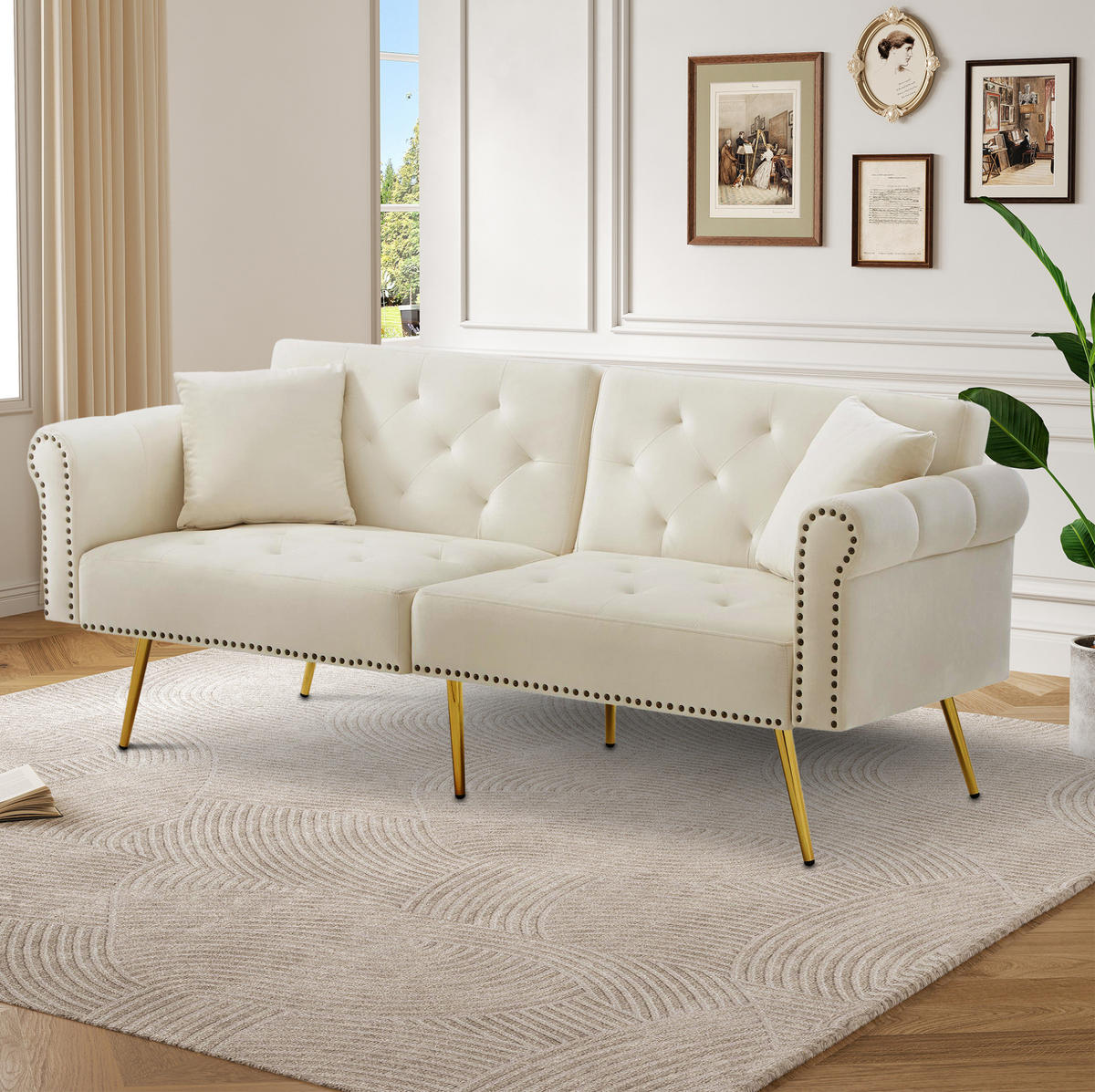 SOFA mit Schlaffunktion 2-Sitzer 147x85 cm Samt Beige - Beige, Kunststoff (173/70/75cm) - Meubliv