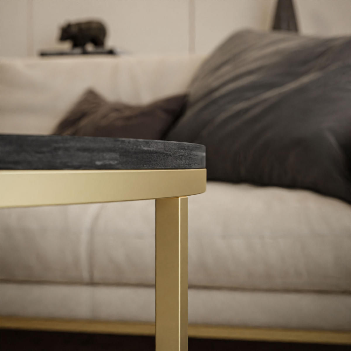 RUNDER Couchtisch 2in1 CIRI gold dunkler Beton 80/60 cm - Goldfarben/Grau, Holzwerkstoff (80/80/48cm) - Lookway