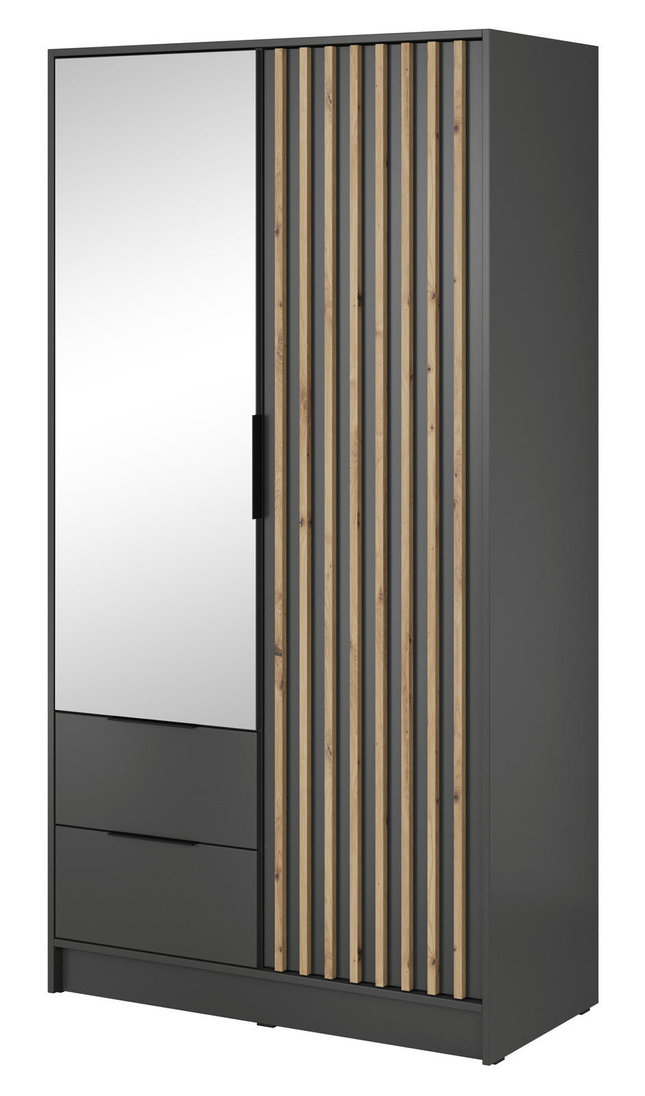 KLEIDERSCHRANK Stilo in Graphit, zweitürig, mit Spiegel und Lamellen an der Vorderseite - Schwarz/Graphitfarben, Holzwerkstoff/Kunststoff (105/200/51cm) - Ravio