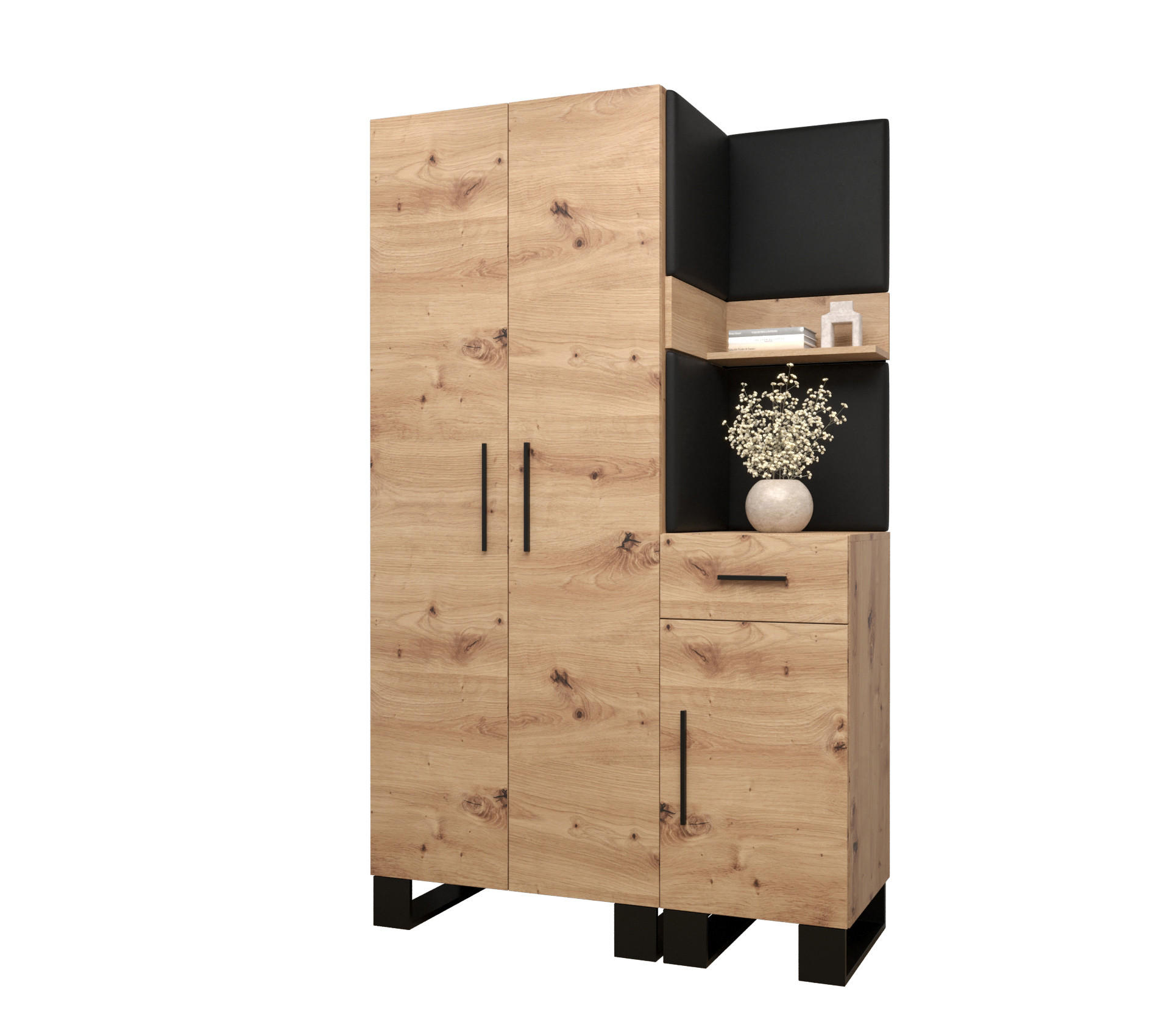 Abiks Möbel Garderoben-Set Eiche Artisan, Schwarz 116x196x45.6 cm