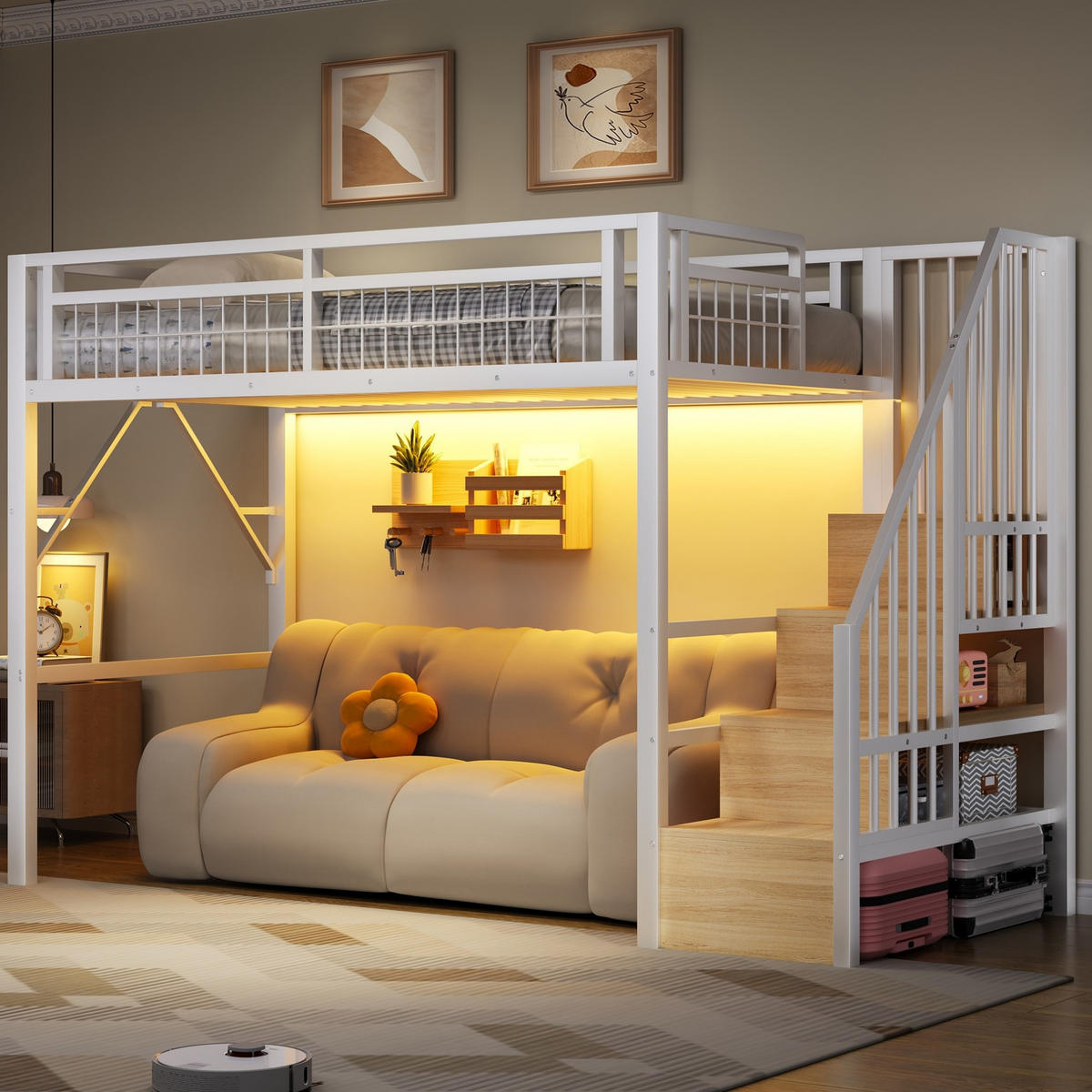 HOCHBETT 90/200 cm Weiß mit LED und Stauraum ohne Matratze - Weiß, Metall (90/200cm) - MIVRAY