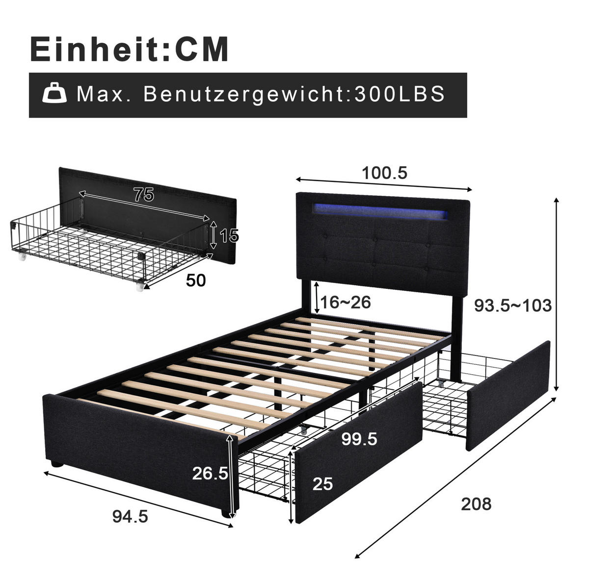 POLSTERBETT 90/200 cm mit Matratze LED-Beleuchtung, 2 Schubladen, verstellbarem Kopfteil, Schwarz - Schwarz, Textil (90/90cm) - Redom