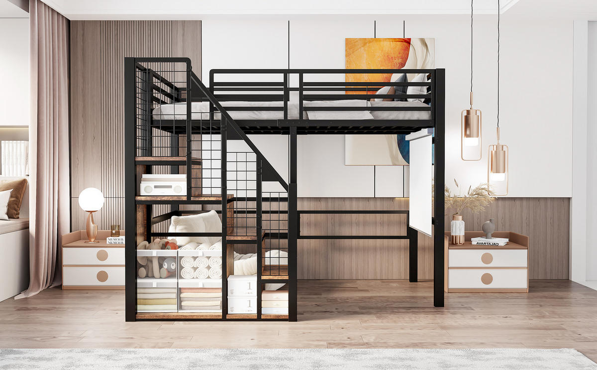 HOCHBETT 90x200 cm Metall Leiter Ablage schwarz - Schwarz, Metall (90/200cm) - LEBENLANG