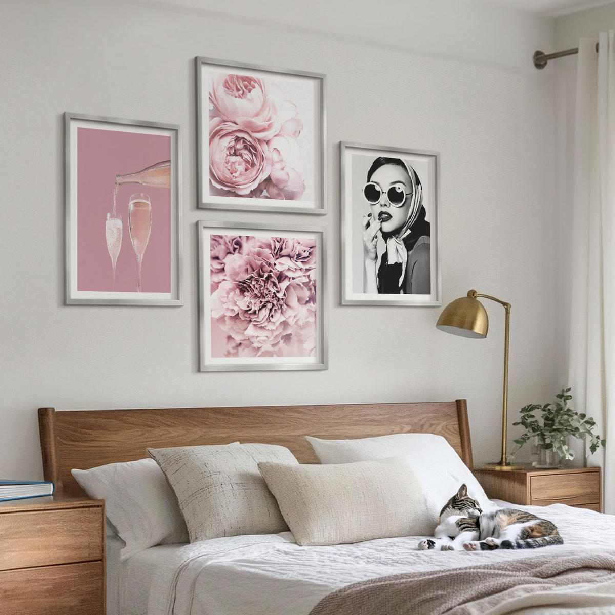 BILDER SET 4er Set - 50x50 cm & 40x60 cm Silberner Rahmen - Blumen, Pfingstrosen, Rosen, Eleganz - Silberfarben, Kunststoff (50/50cm) - TULUP