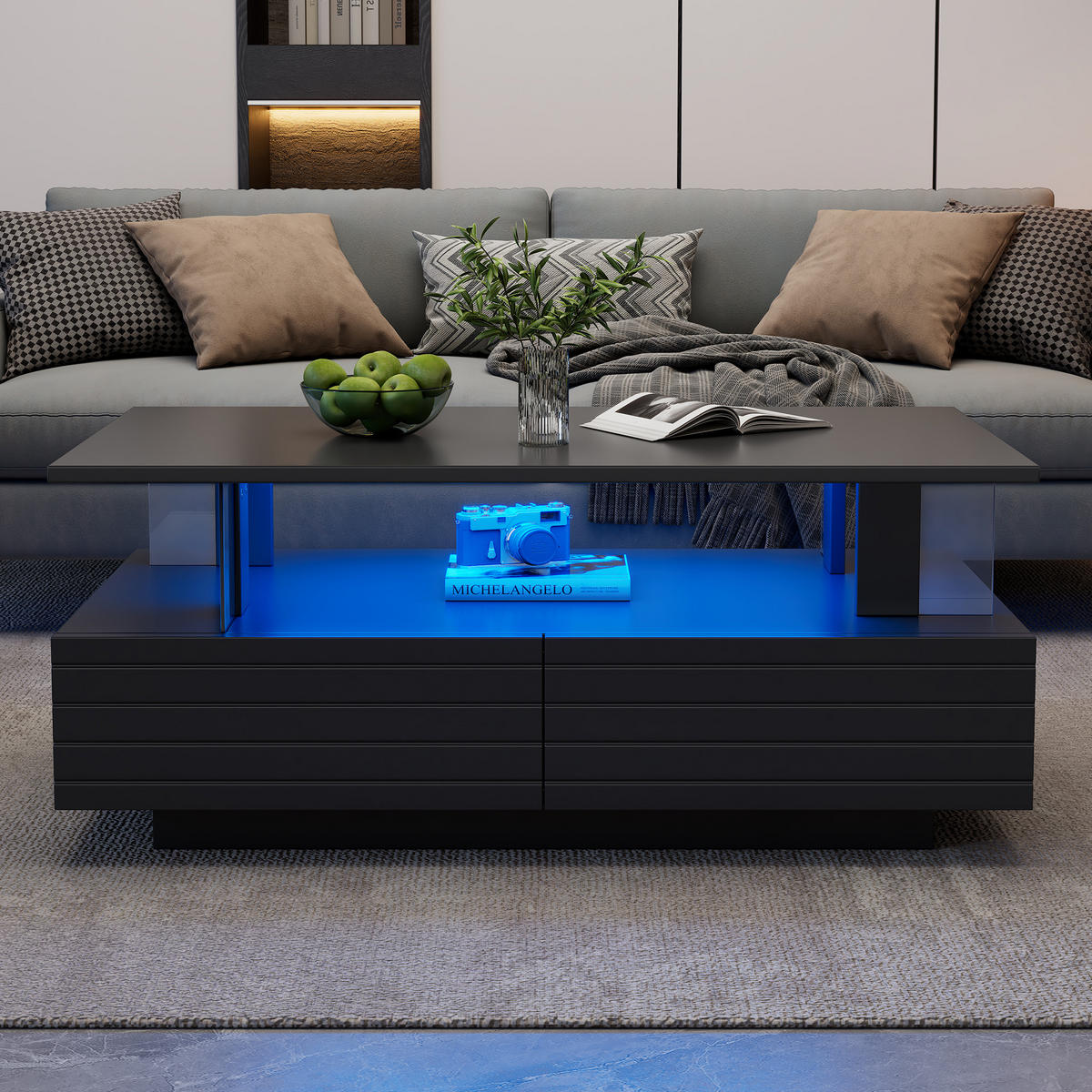 COUCHTISCH Schwarz, 100/50/42 cm mit LED und Stauraum - Schwarz, Kunststoff (50/100/42cm) - PANGIVO