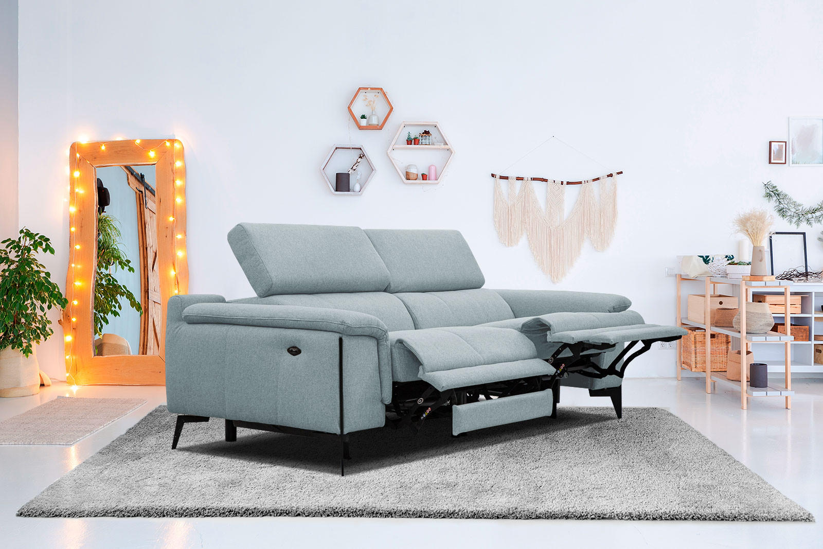 RELAXSOFA MATERA 3-Sitzer mit 2 Relaxfunktionen, mint - Schwarz/Mintgrün, Holzwerkstoff/Textil (212/82/103cm) - Courtois Laville