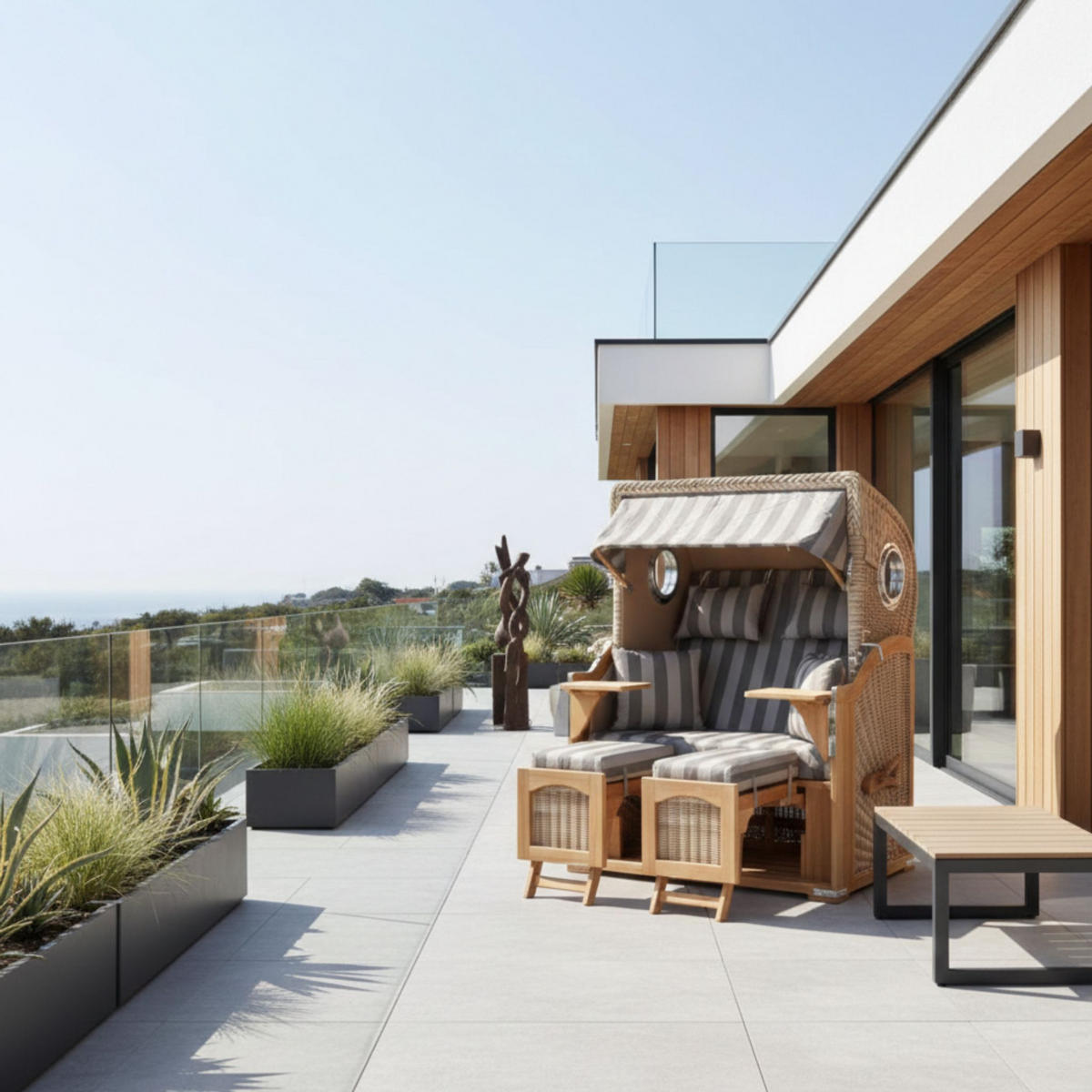 STRANDKORB Düne 2-Sitzer Teak Shell - Braun/Grau, Holz/Metall (125/170/80cm) - Mr. Deko