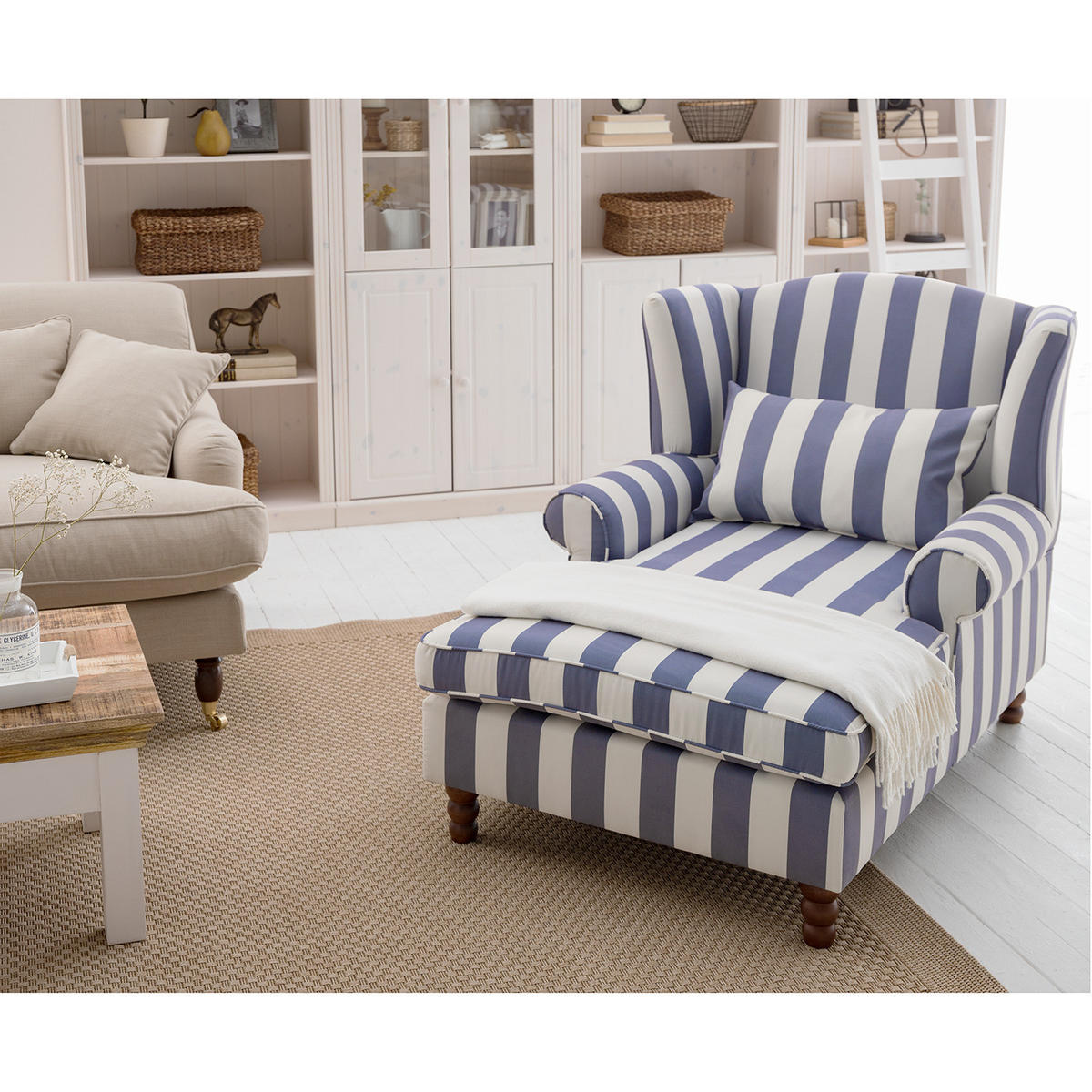 OHRENSESSEL - Webstoff - Blau/Weiß, Holz/Textil (94/95/134cm) - home24