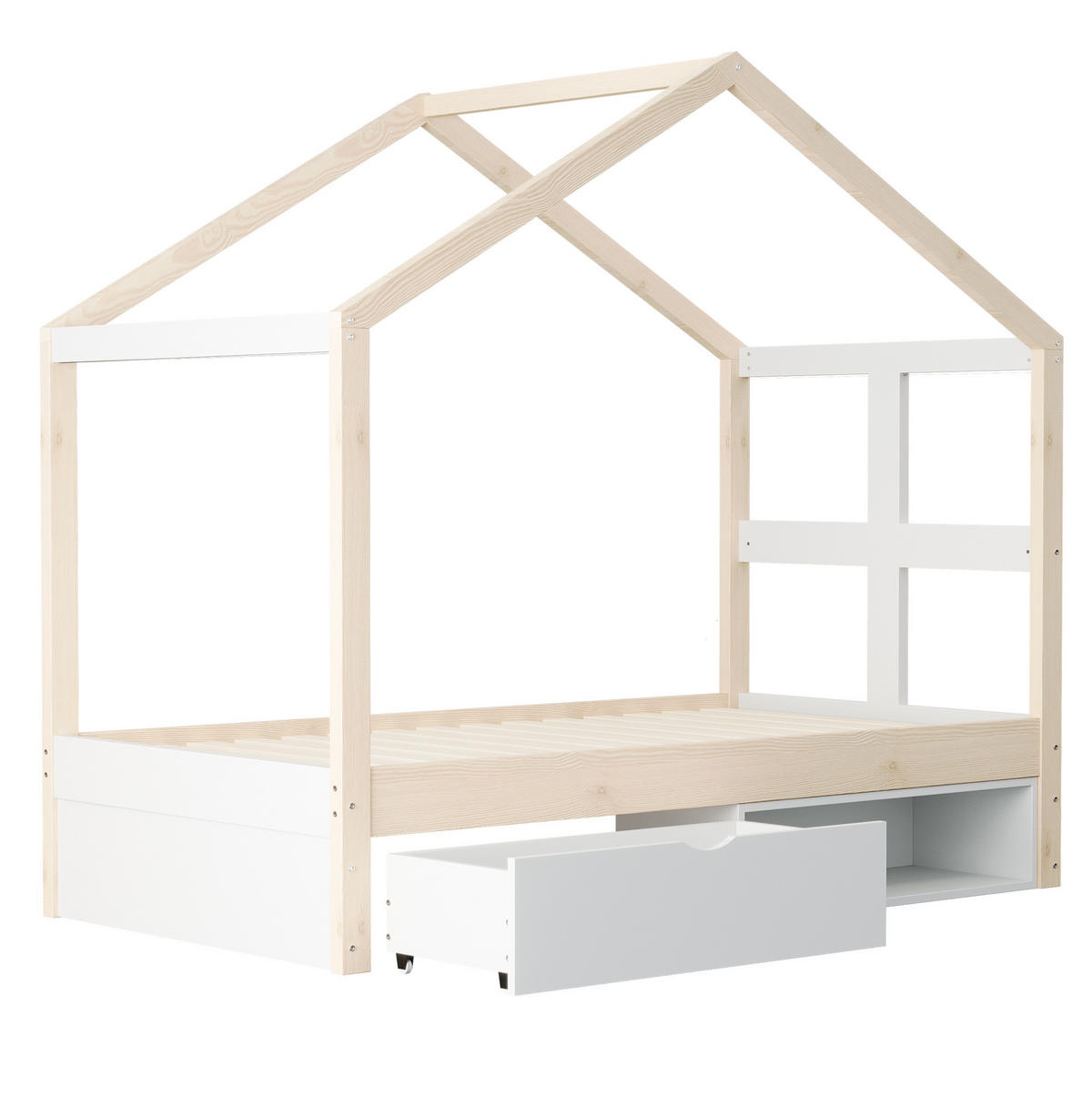 HAUSBETT 90/180 cm Weiß/Holzfarben aus Holz mit LED und Stauraum - Eichefarben, Holzwerkstoff (90/190cm) - OKWISH
