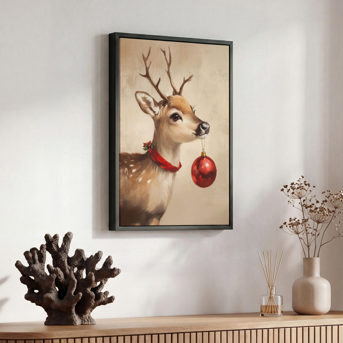 LEINWAND Bilder mit Rahmen - Weihnachten - Hirsch - Geweih - Weihnachtskugel - Rentier - 30x40 - Hellbraun, Textil (30/40cm) - MuchoWow