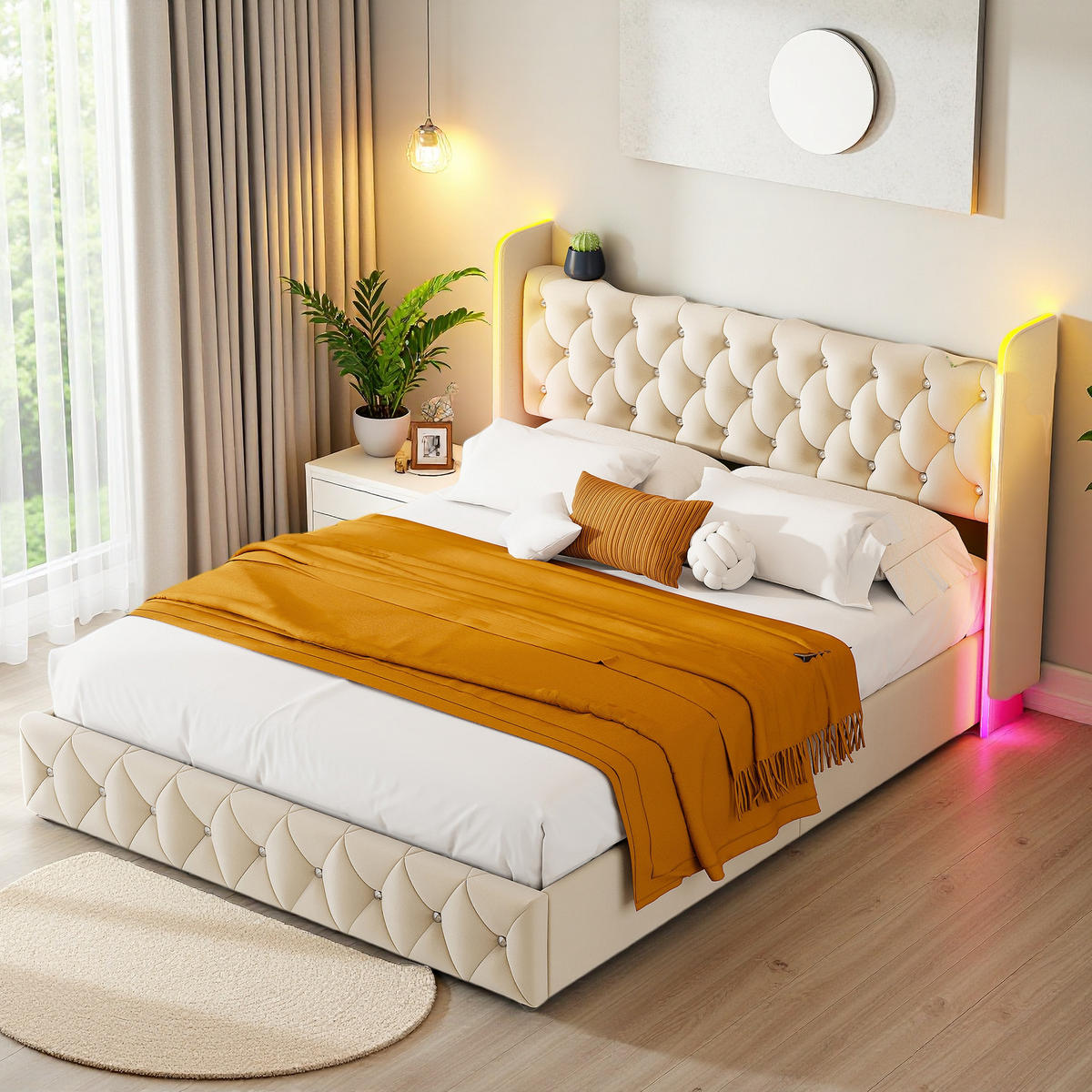 POLSTERBETT 160x200 Beige LED USB - Weiß, Metall - SHOPENTRA