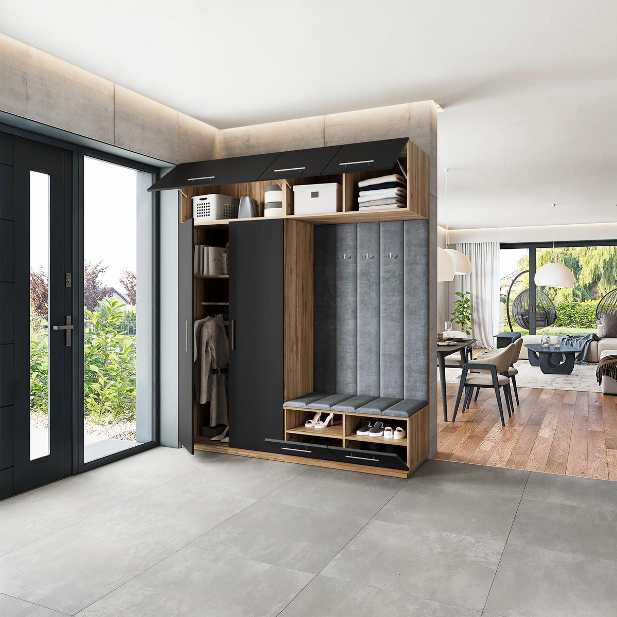 GARDEROBENSCHRANK REMA 200/240/60 cm Modern Garderobe-Set Eiche Wotan - Eiche Wotan/Schwarz, Holzwerkstoff (200/240/60cm) - MASSENO