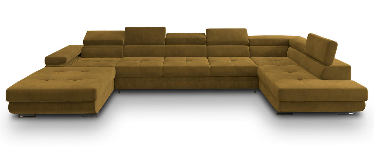 WOHNLANDSCHAFT TORIVA R-S Gelb Velours-Stoff mit Schlaffunktion - Gelb, Holz (418/90/202cm) - MASSENO