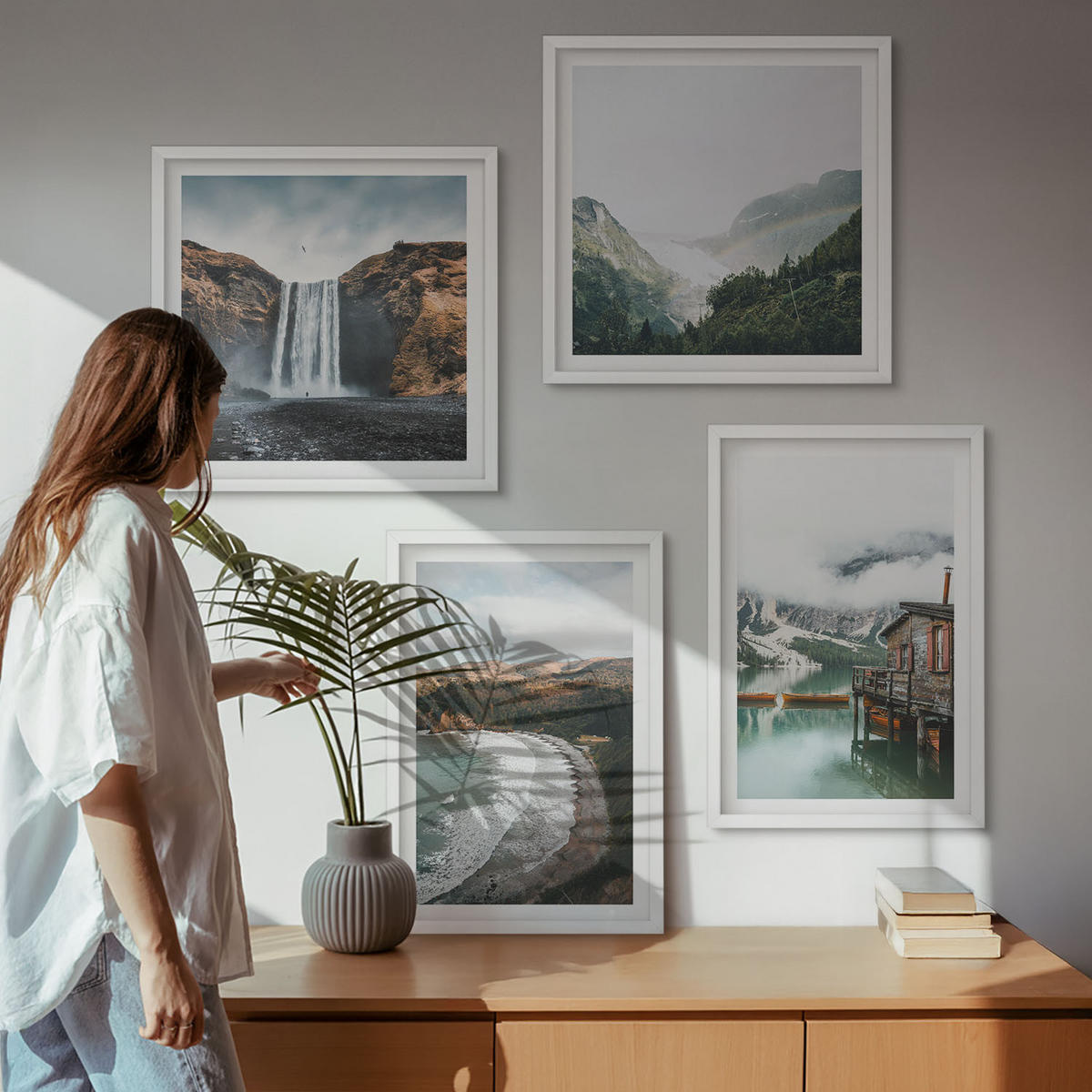 WANDBILDER 4er-Set - 50x50 cm & 40x60 cm Weißer Rahmen - Bergstrände Wolken Wasser - Weiß, Kunststoff (50/50cm) - ArtPrintCave