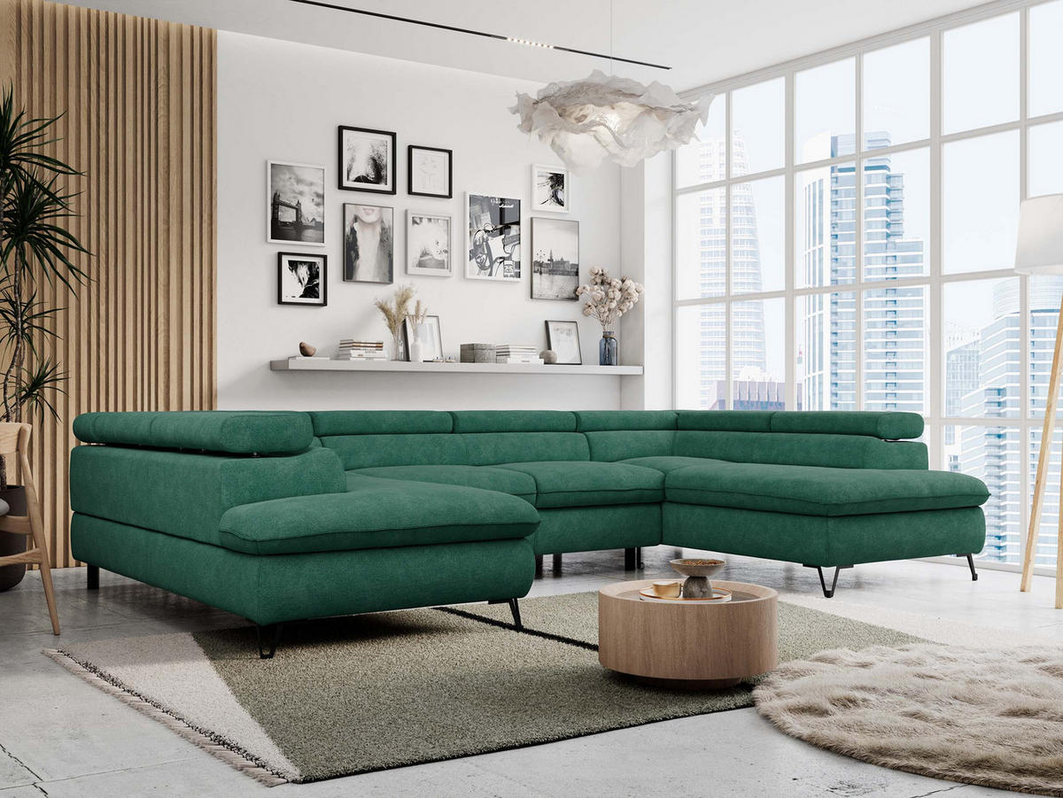 WOHNLANDSCHAFT PETER U Struktur Türkis - Türkis/Schwarz, Textil/Metall (346/76/208cm) - MKS