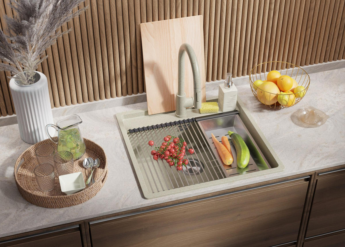 GRANITSPÜLE Bergen, 2-er set Beige 56/53 cm 1 Becken + Küchenarmatur 38/14 cm + Ablauf-Set + Schneidebrett ab 60er Unterschrank - Chromfarben/Beige, Kunststoff (56/20/53cm) - Primagran