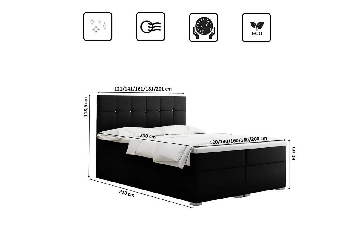 BOXBETT Mit Matratze Und Bettkasten LINDT Stoff Velvet 200x200 cm Schwarz H2-Pocket - Schwarz, Holz/Holzwerkstoff (200/200cm) - Kaiser Möbel