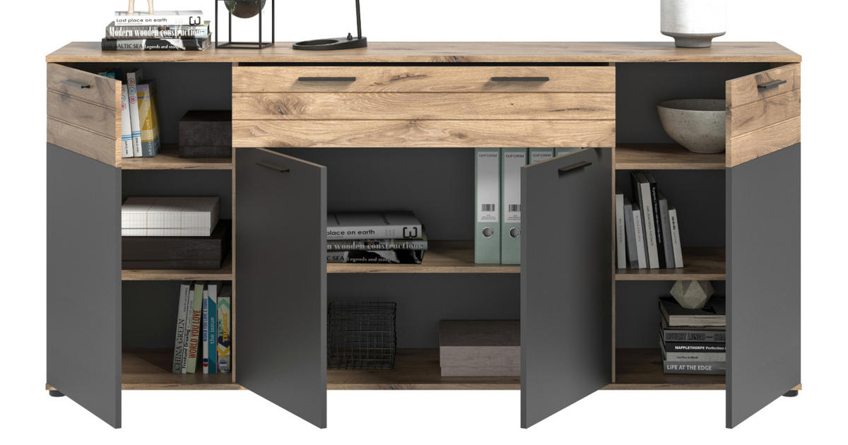 SIDEBOARD Eiche, grau 200 cm, KOMMODE mit Soft-Close, Wohn- und Esszimmermöbel - Eichefarben/Schwarz, Holzwerkstoff/Kunststoff (200/91/40cm) - Inn.Furn