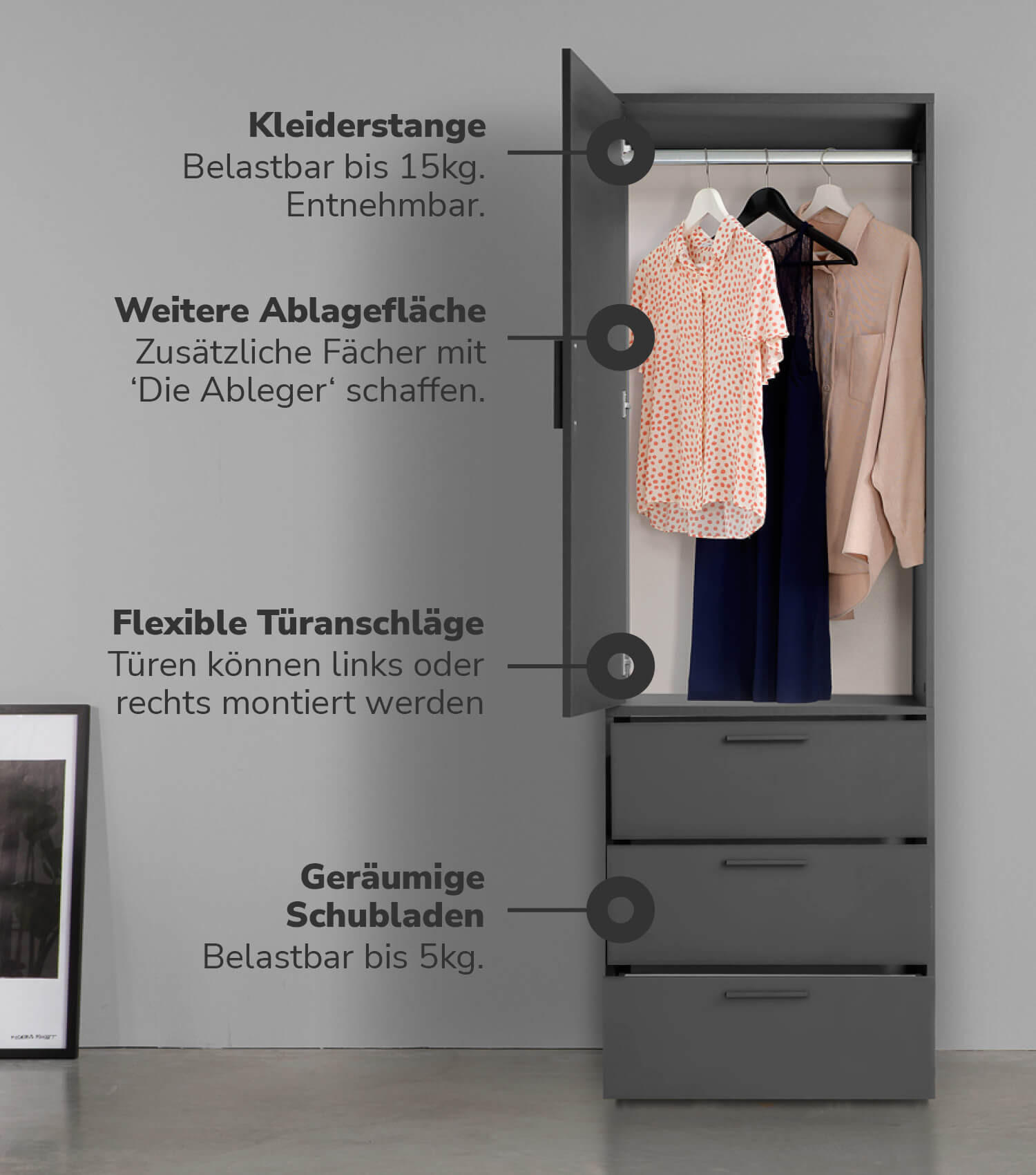 KLEIDERSCHRANK Der Grenzenlose - Anthrazit, Holzwerkstoff (60/187/58cm) - Mokebo
