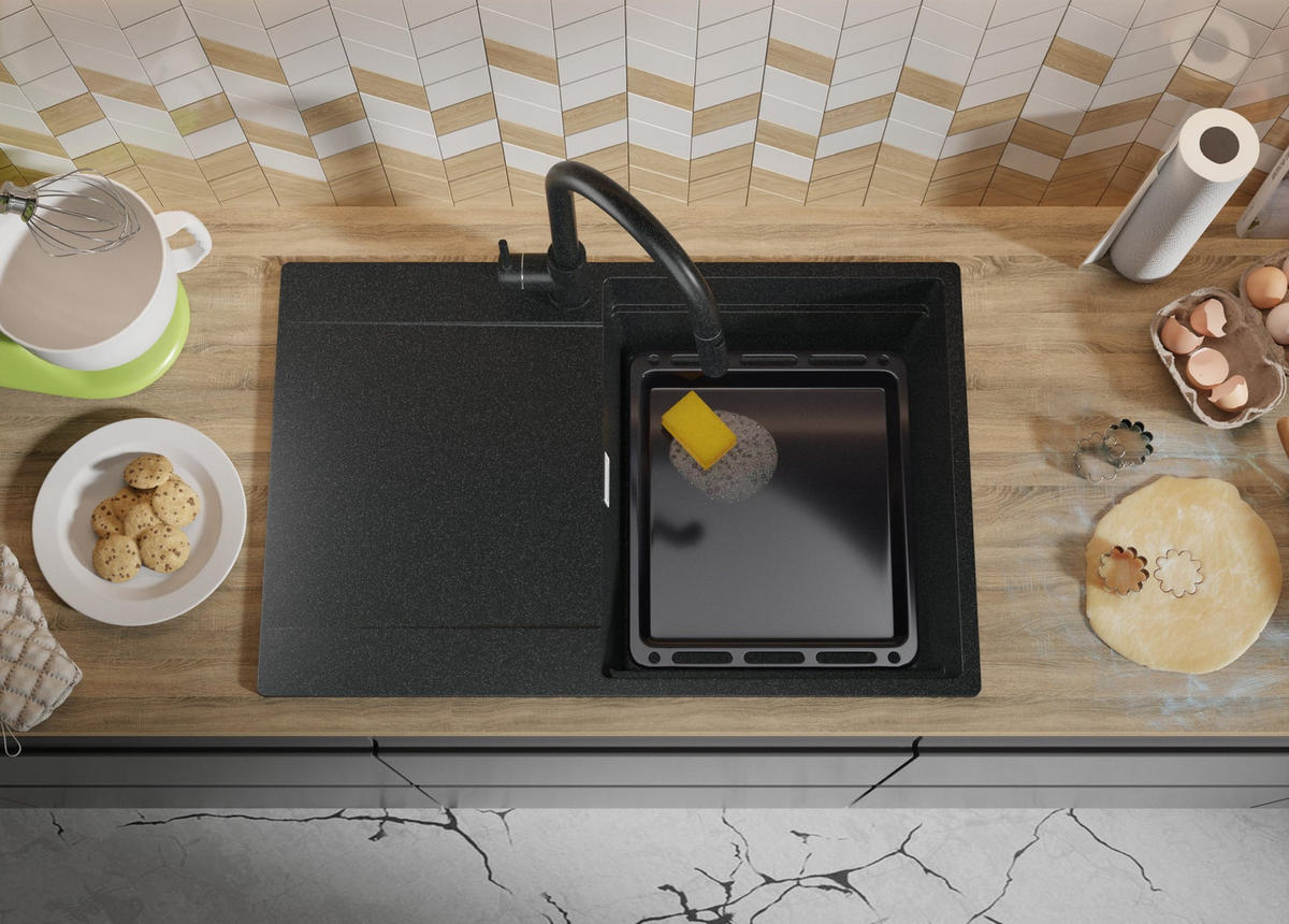 SPÜLBECKEN San Francisco, 2-er set Anthrazit 78/50 cm 1 Becken + Ablauf-Set + Aufrollbare Abtropffläche ab 50er Unterschrank - Chromfarben/Anthrazit, Kunststoff (78/20/50cm) - Primagran