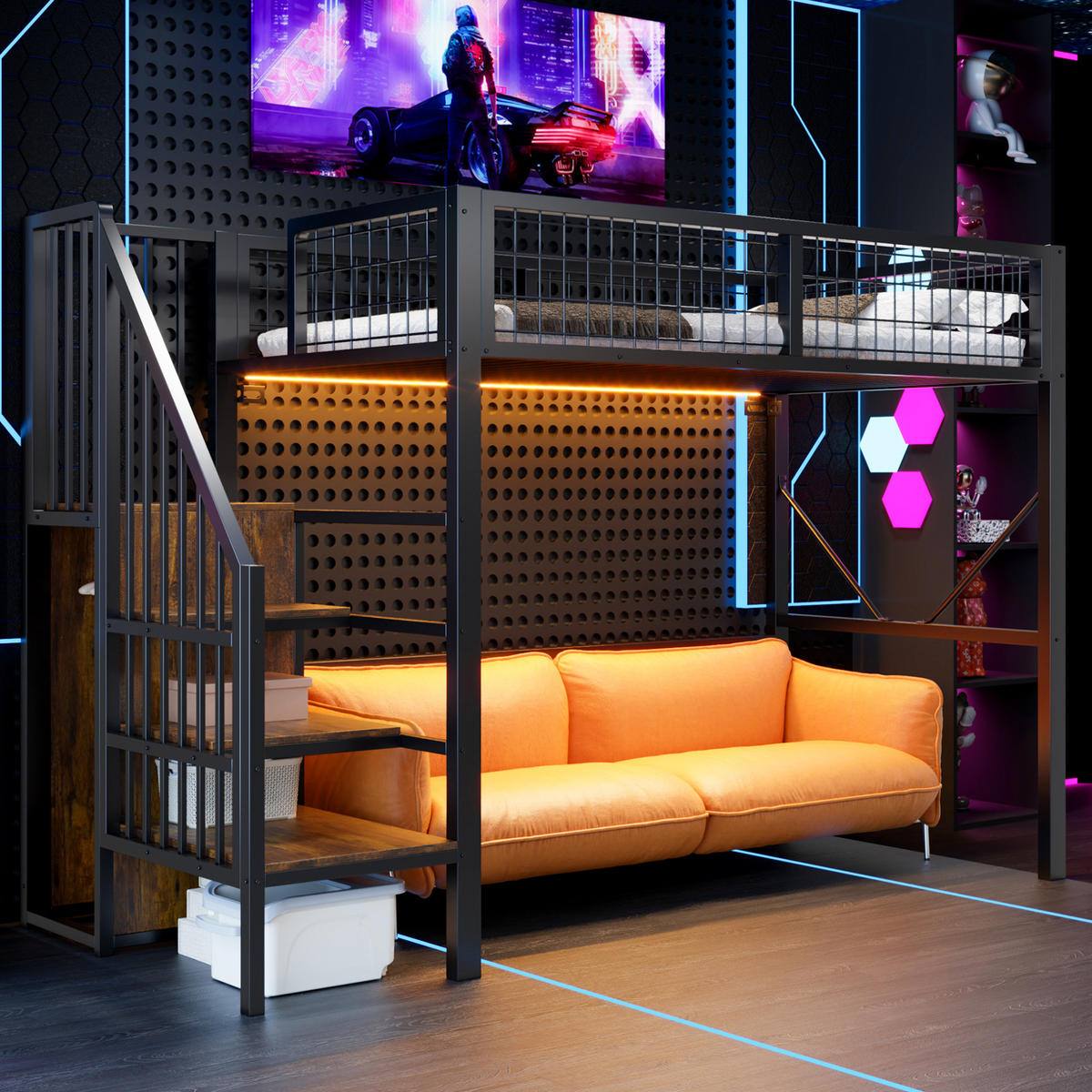 HOCHBETT aus Metall und Holz 90x200 cm Schwarz mit Stauraumleiter und LED-Beleuchtung - Schwarz, Metall (90/200cm) - Modfu