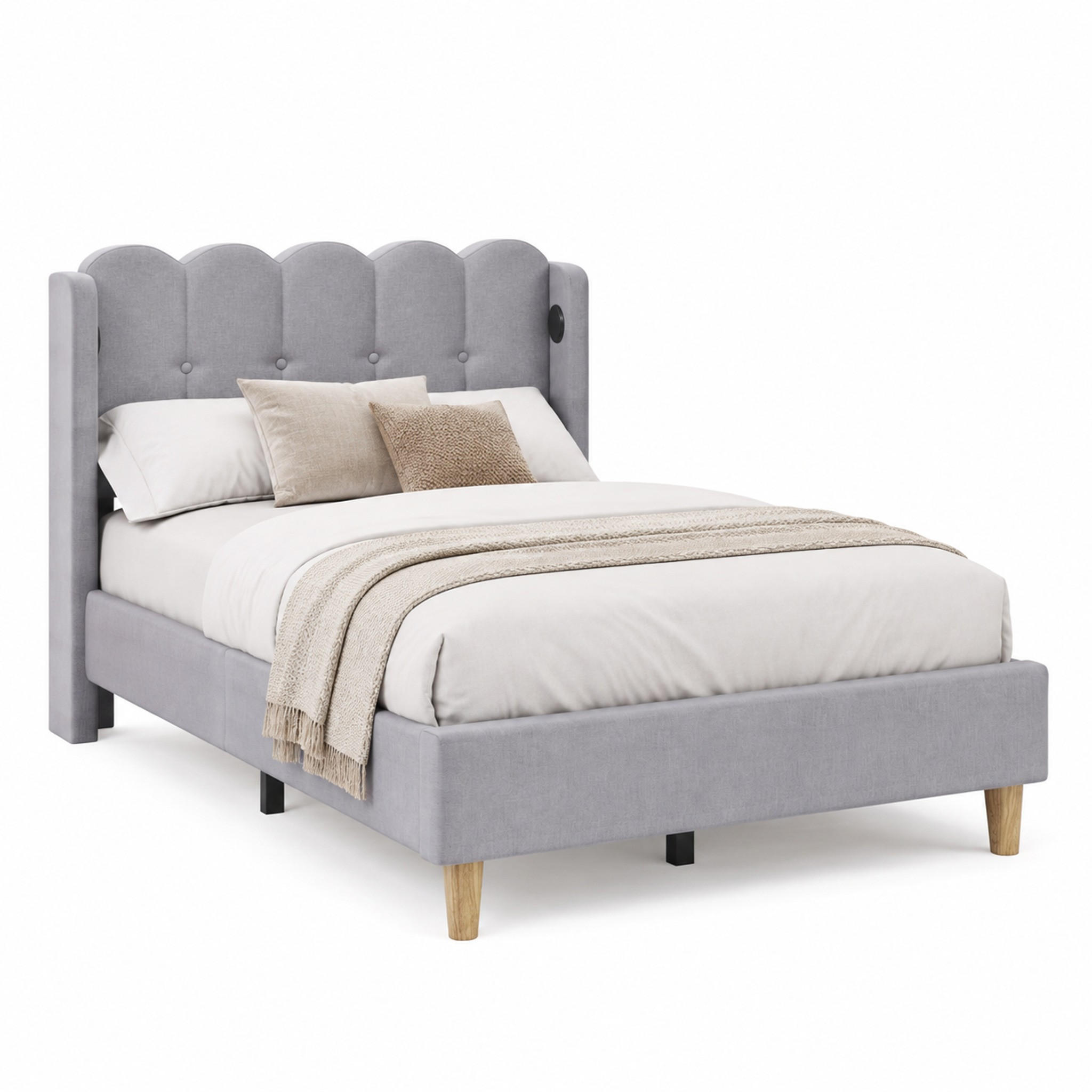 BETT mit USB und Typ-C 90x200 cm Leinen Grau inkl. Matratze - Grau, Holz (90/200cm) - Meubliv