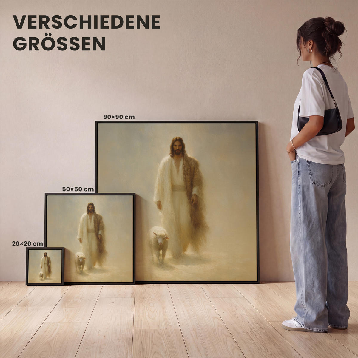 LEINWAND Bilder mit Rahmen - Schaf - Jesus - Pinselstriche - Abstrakt - 20x20 - Beige, Textil (20/20cm) - MuchoWow