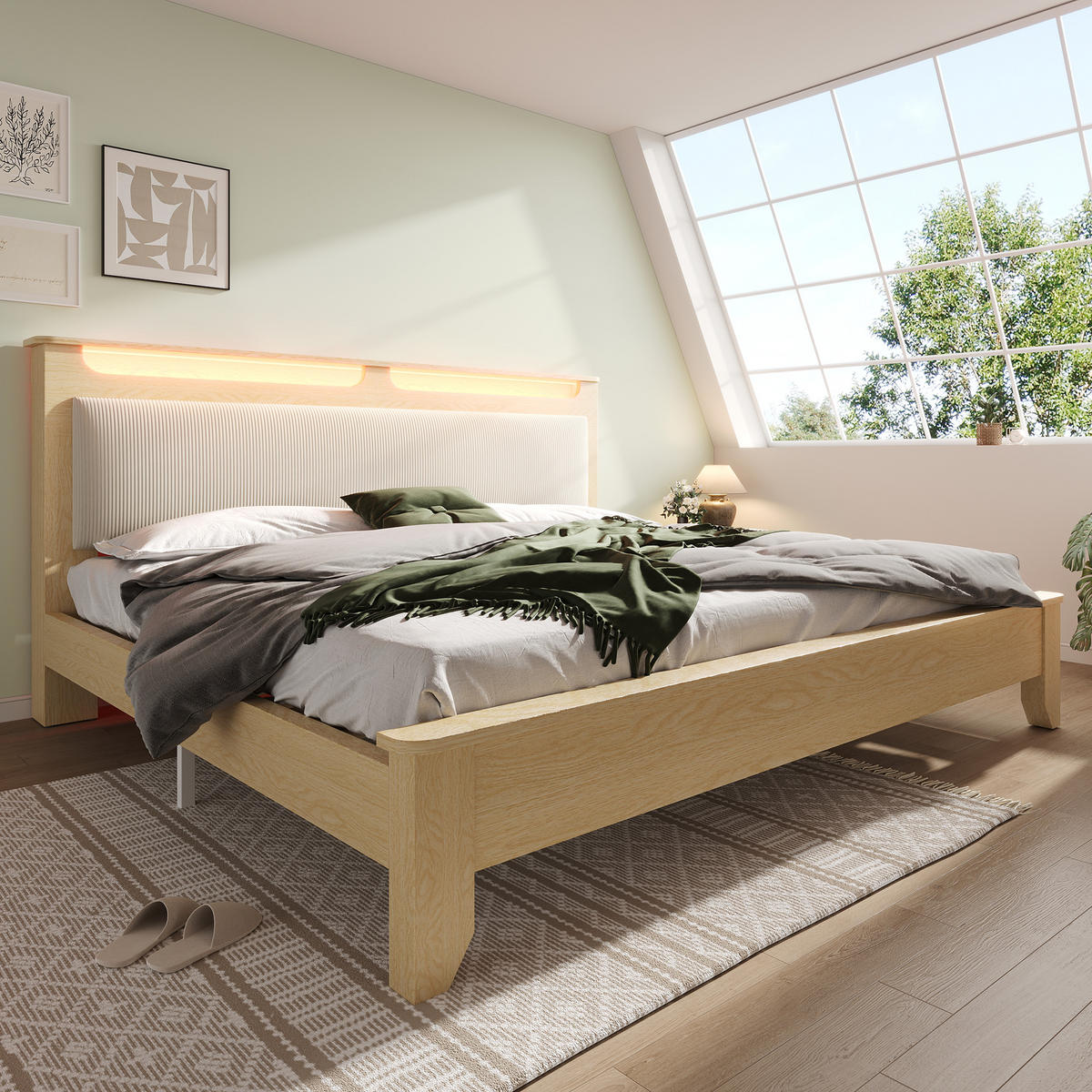 DOPPELBETT 160/200 cm Beige Cordpolster mit Stauraum und LED-Beleuchtung aus Eiche - Beige, Textil (160/200cm) - OKWISH