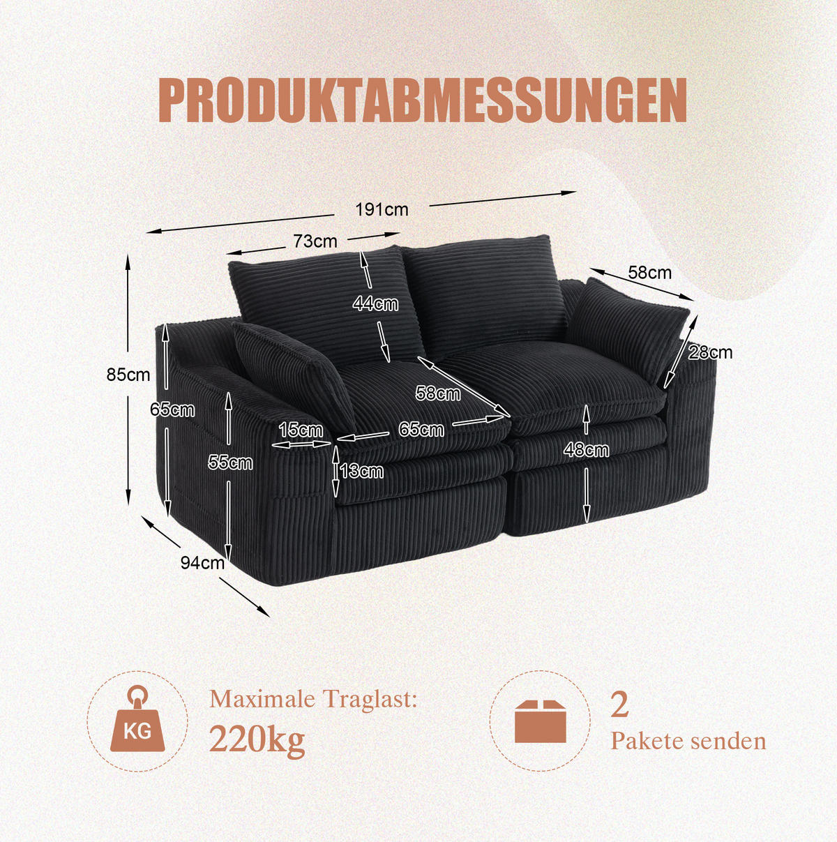 2-SITZER-SOFA 191/94/85 cm schwarz aus Cord mit Seitentaschen und Federkern - Schwarz, Textil (94/85/191cm) - Modenvie