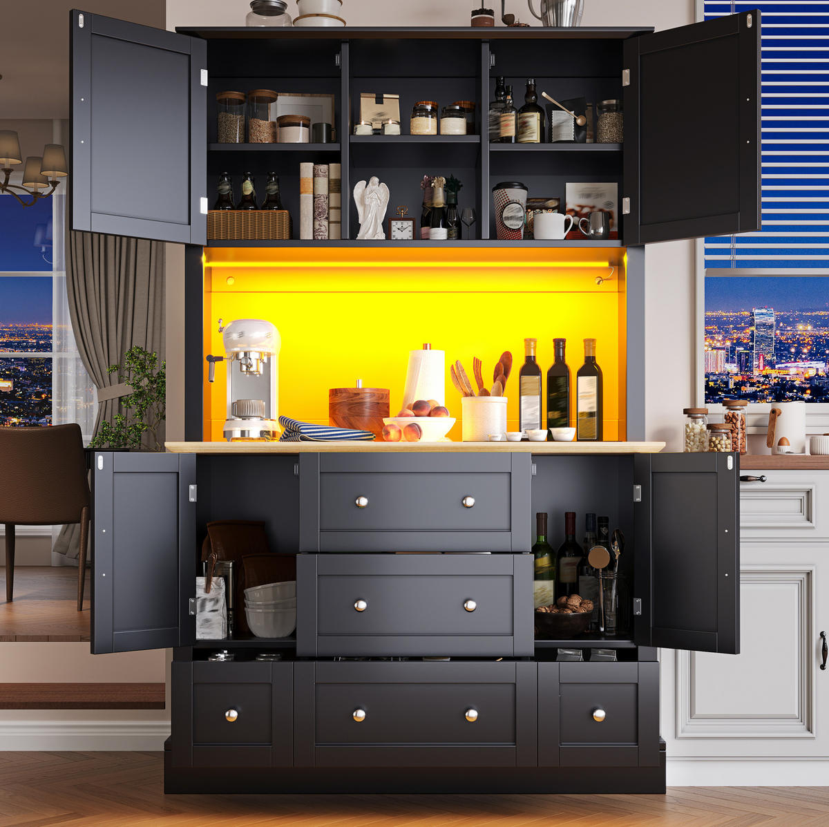 HOCHSCHRANK mit LED 115 x 40 x 180 cm MDF Black/Natural - Schwarz, Holzwerkstoff (40/180/115cm) - Meubliv